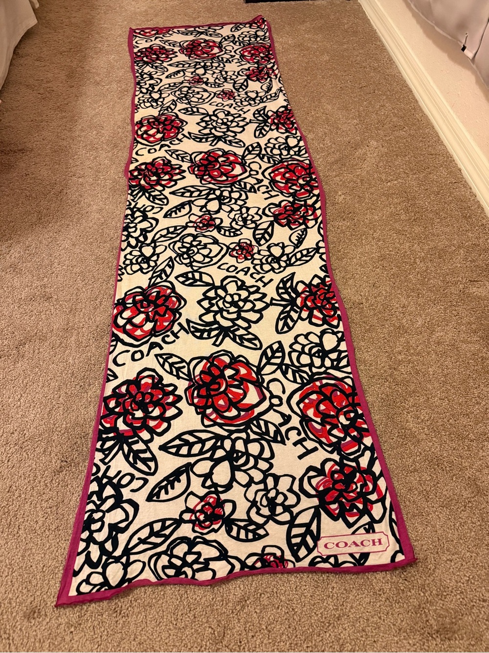 Coach Floral Logo Silk Scarf in White, Red & Black with Pink Trim